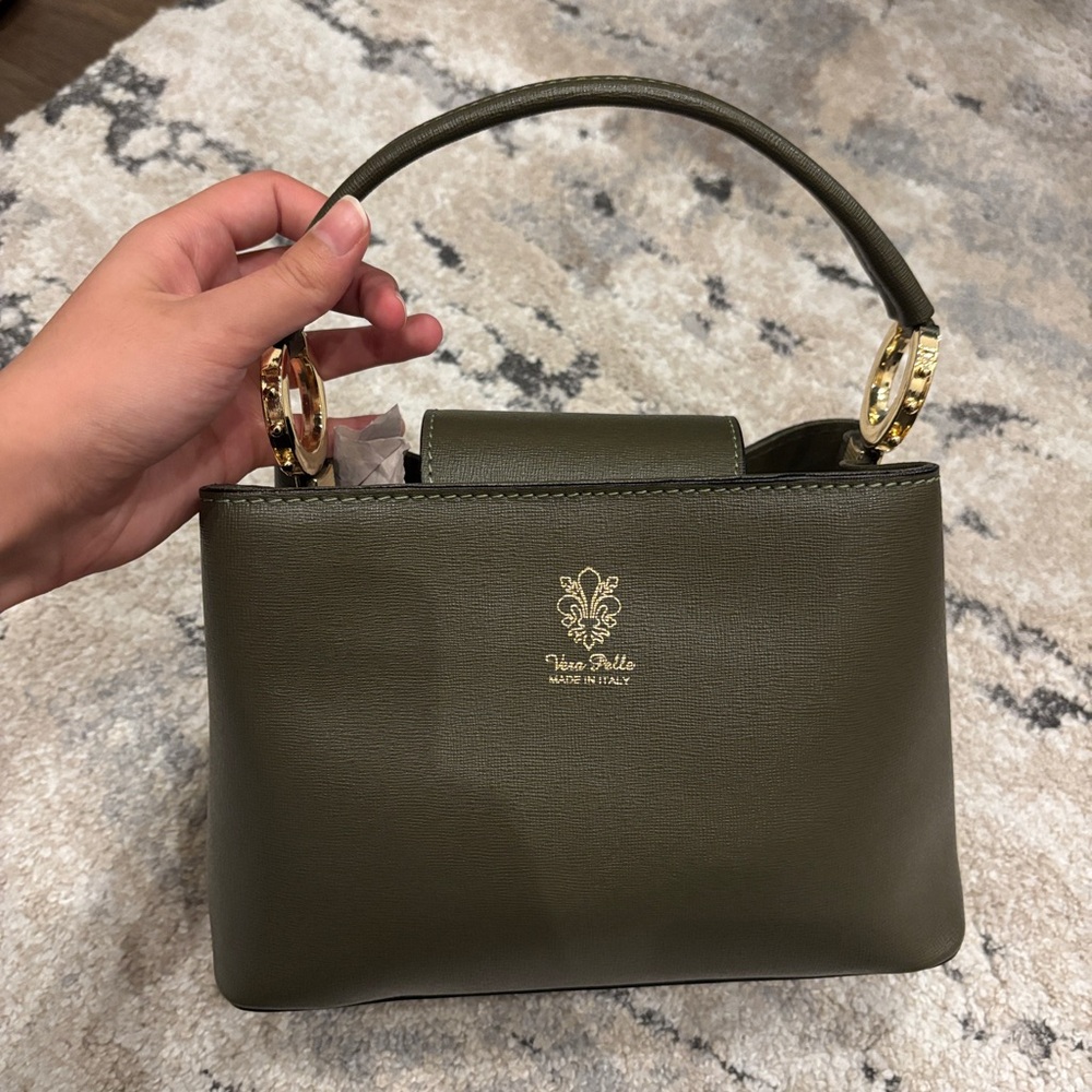 Vera Pelle Dark Green Satchel with Gold Accents